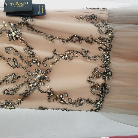 Terani Couture Cream and Gray Prom Dress with Intricate Embellishments - Picture 2 of 9
